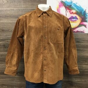 Orvis Mens Suede Leather Shirt Jacket Tobacco Brown Button Front 803H Large